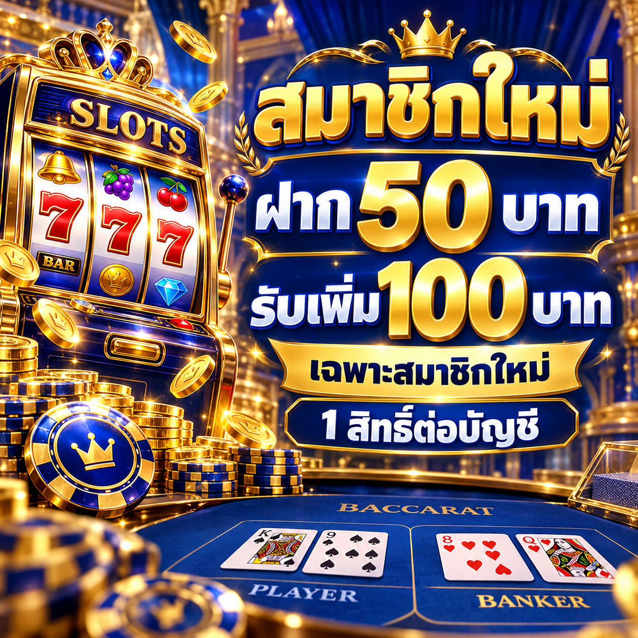 ภาพโปรโมชั่นสมาชิกใหม่ ฝาก 50 รับเพิ่ม 100 บาท